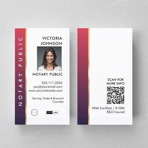 Professional Classy Red  Gold Photo Notary QR   Business Card
