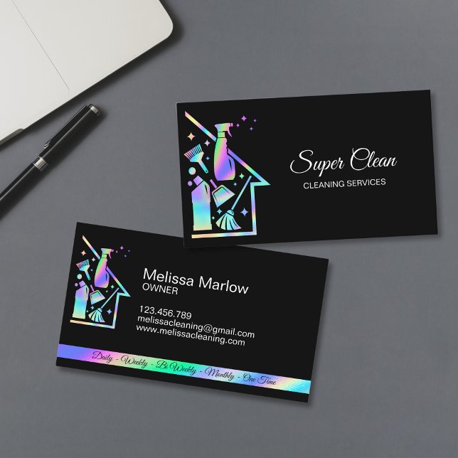 Professional Cleaning House Maid Janitor Services Business Card (holographic foil cleaning utensils business card)