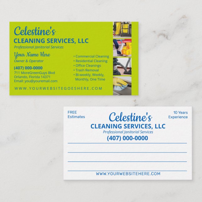 Professional Cleaning/Janitorial Housekeeping Serv Business Card (Front/Back)
