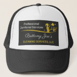 Professional Cleaning/Janitorial Housekeeping Serv Trucker Hat<br><div class="desc">Boost publicity with these double sided professional trucker hats (template) for house cleaning,  housekeeping or janitor (janitorial) small business.  These hats are designed with white and gold text and a gold (faux) glitter color. Customize the hats by adding or removing elements to suit your company's brand.</div>