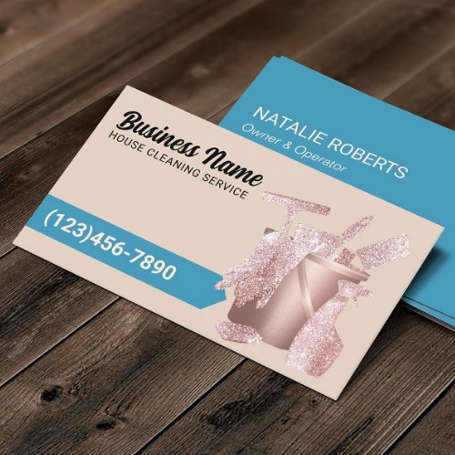 Professional Cleaning Service Beige Blue Rose Gold Business Card
