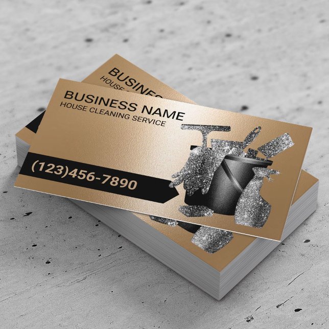 Professional Cleaning Service Modern Black & Gold Business Card (Creator Uploaded)