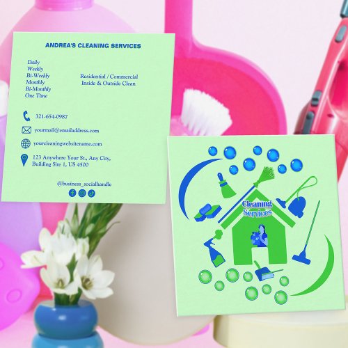 Professional Cleaning Services Logo Green  Blue Square Business Card