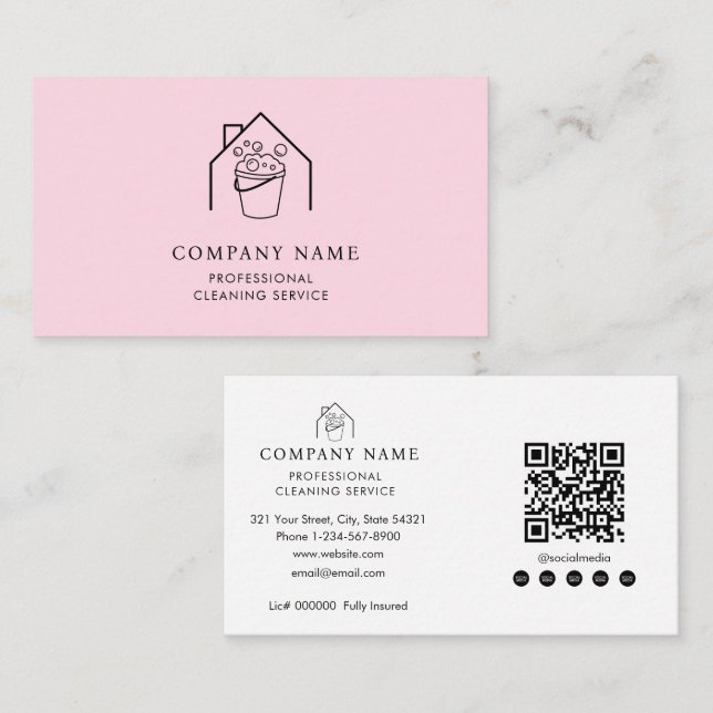 Professional Cleaning Services Logo Modern Pink Business Card (Front/Back)