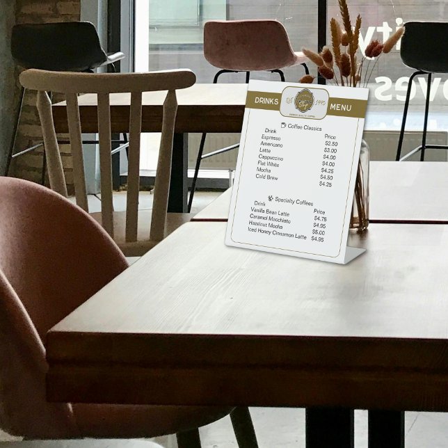 Professional Coffee Shop Personalized Drinks List Pedestal Sign (Pedestal style coffee shop drinks list on a coffee shop table)