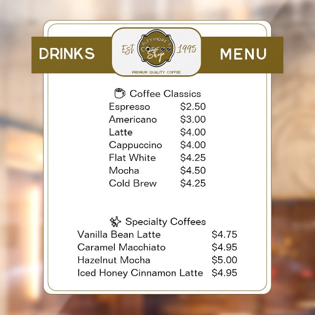 Professional Coffee Shop Personalized Drinks List Window Cling (Sheet 2)