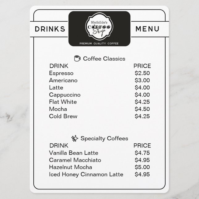 Professional Coffee Shop Personalized Drinks Menu (Front)