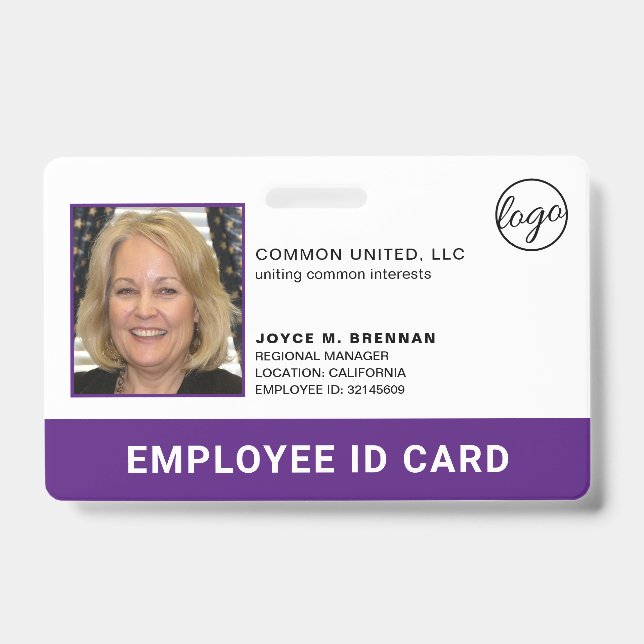 Professional Company Logo Employee Purple Photo ID Badge (Front)