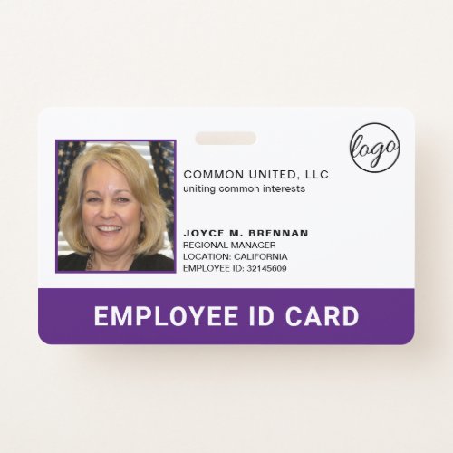 Professional Company Logo Employee Purple Photo ID Badge