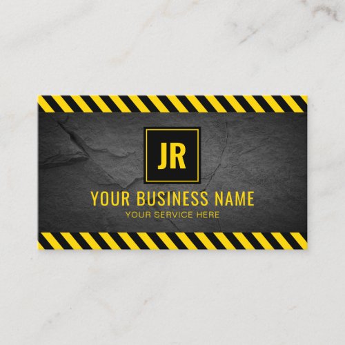 Professional Construction Builder Business Card - Rustic contractor business cards featuring a rustic background, construction themed yellow & black stripes, and a professional template that is easy to personalize.