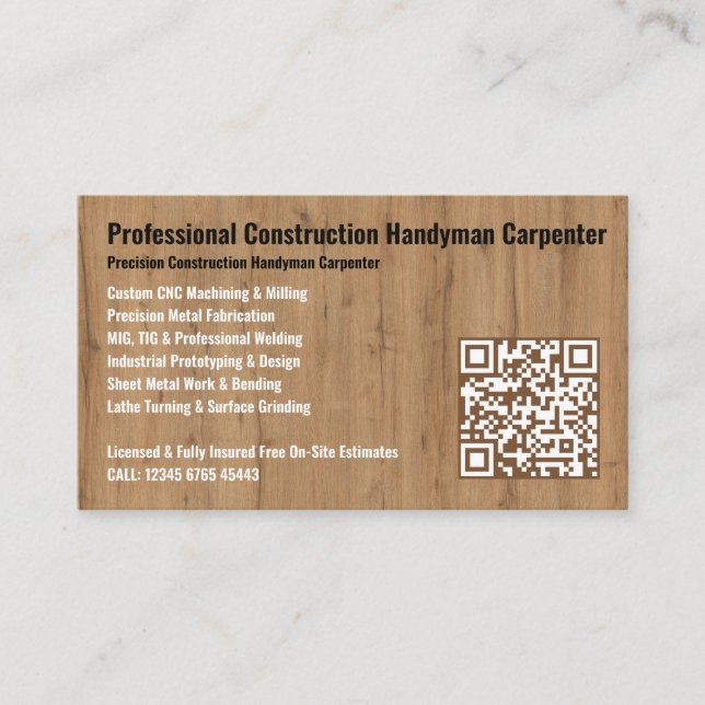 Professional Construction Handyman Carpenter Business Card (Front)