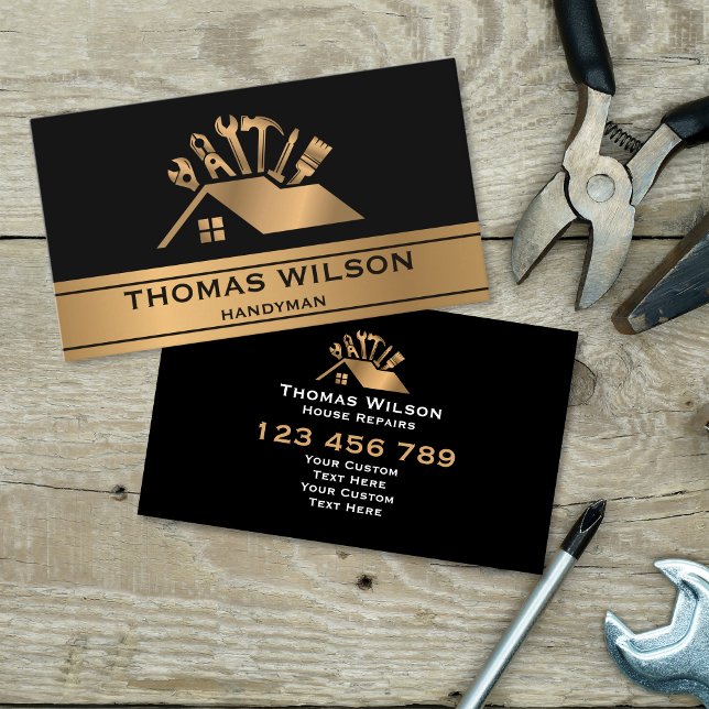 Professional Construction Handyman Carpenter Tools Business Card (gold roof with handyman tools logo design)