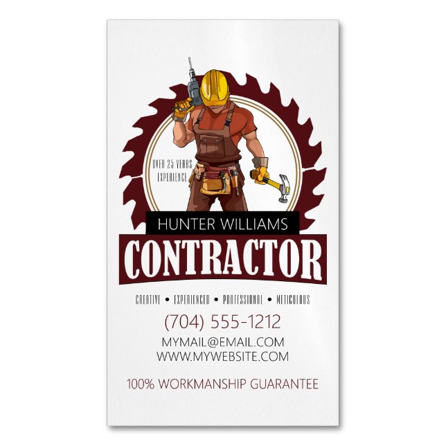 Professional Contractor Construction Carpentry Business Card Magnet (Front Vertical)