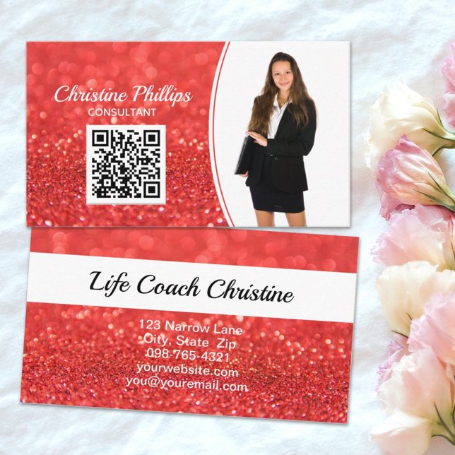 Professional Coral Faux Glitter Custom Photo QR Business Card (QR code and custom photo highlight you on this faux orange glitter business card design.)