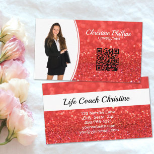 Professional Coral  Glitter Custom Photo QR Business Card