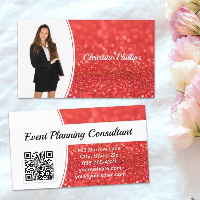 Professional Coral Glitter Custom Photo QR Business Card (A QR code and custom photo are key elements on this faux glitter business card design.)