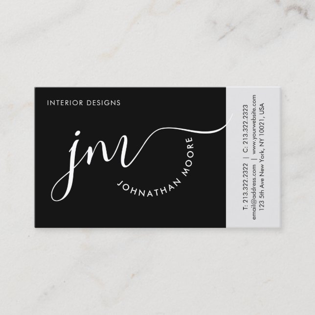 Professional Curvature Black White Script Monogram Business Card (Front)