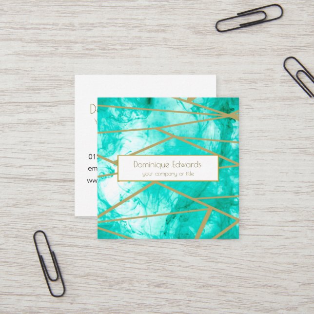 Professional Custom Aqua Blue Watercolor Square Business Card (Front/Back In Situ)
