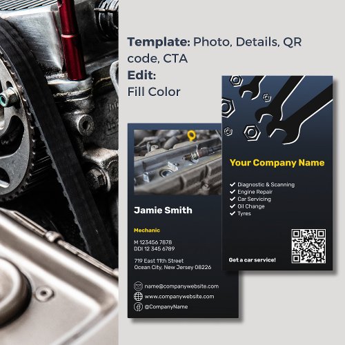 Professional Custom Blue QR Code Auto Mechanic Business Card