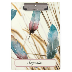 Professional Custom Name Rose Teal Feather Art Clipboard