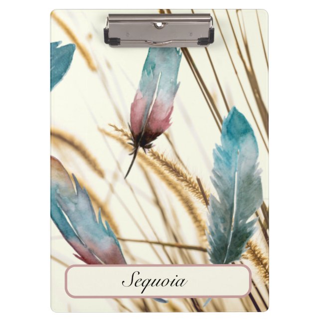 Professional Custom Name Rose Teal Feather Art Clipboard (Front)