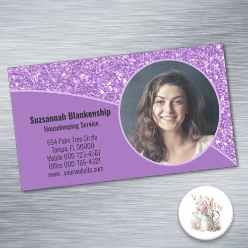 Professional Custom Photo Purple Faux Glitter Business Card Magnet