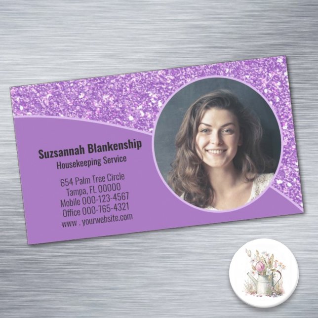 Professional Custom Photo Purple Faux Glitter Business Card Magnet (Present magnet business cards so customers can affix to a refrigerator or file cabinet.)