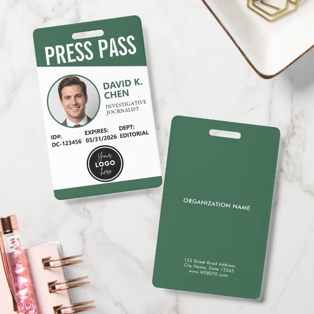Professional Custom Press Pass ID Badge - Green (Office)