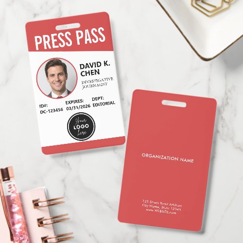 Professional Custom Press Pass ID Badge - Red