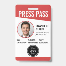 Professional Custom Press Pass ID Badge - Red 