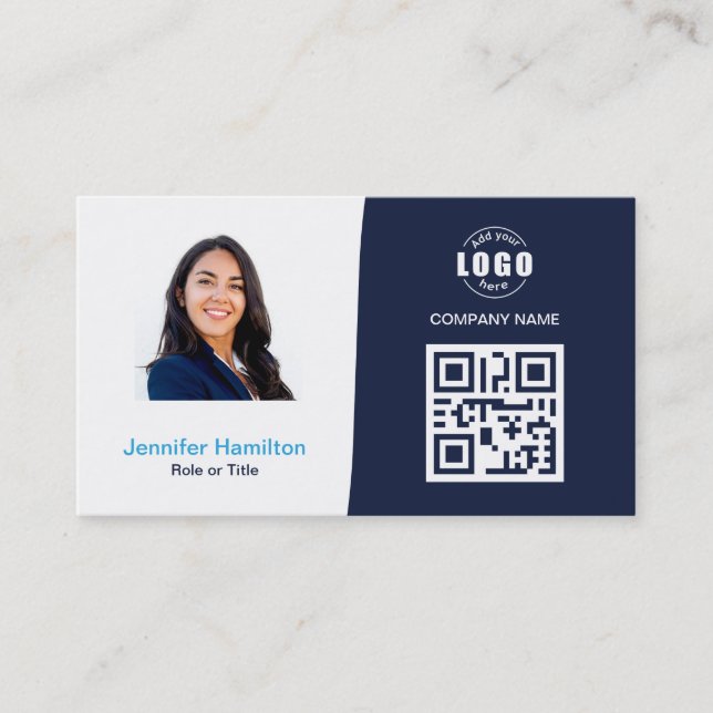 Professional Custom QRCode Photo Dark Blue Busines Business Card (Front)