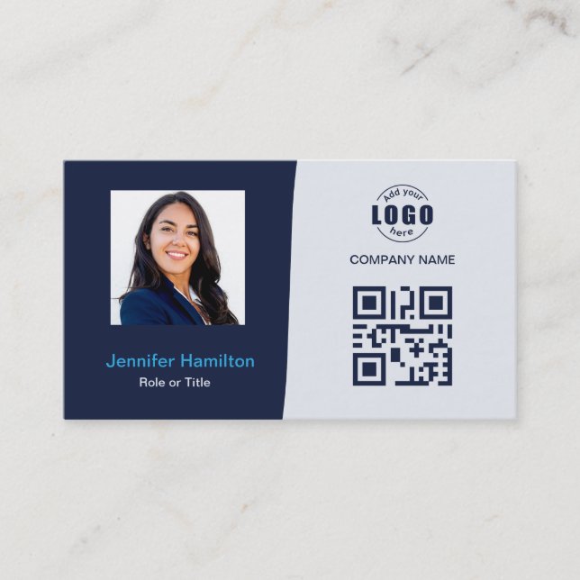 Professional Custom QRCode Photo Dark Blue Busines Business Card (Front)