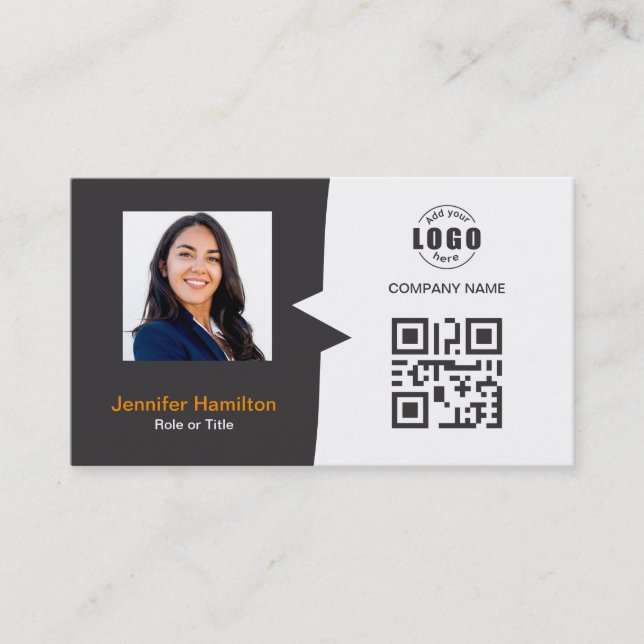 Professional Custom QRCode Photo Grey Orange Business Card (Front)
