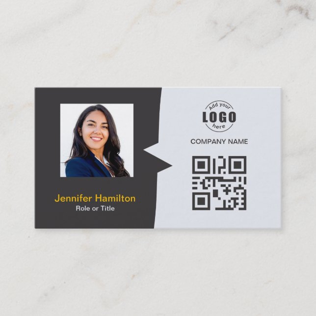 Professional Custom QRCode Photo Grey Yellow Business Card (Front)