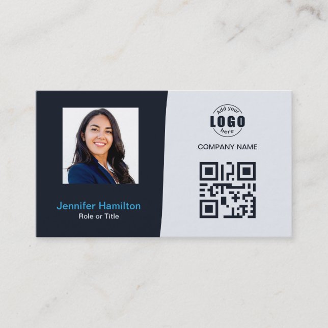 Professional Custom QRCode Photo Navy Blue Busines Business Card (Front)