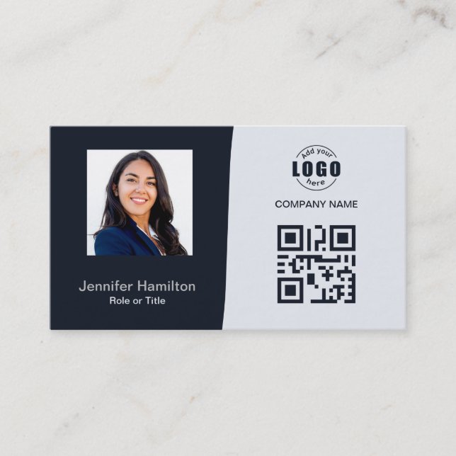 Professional Custom QRCode Photo Navy Blue Grey Business Card (Front)