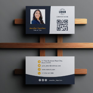 Professional Custom QRCode Photo Navy Blue Orange Business Card