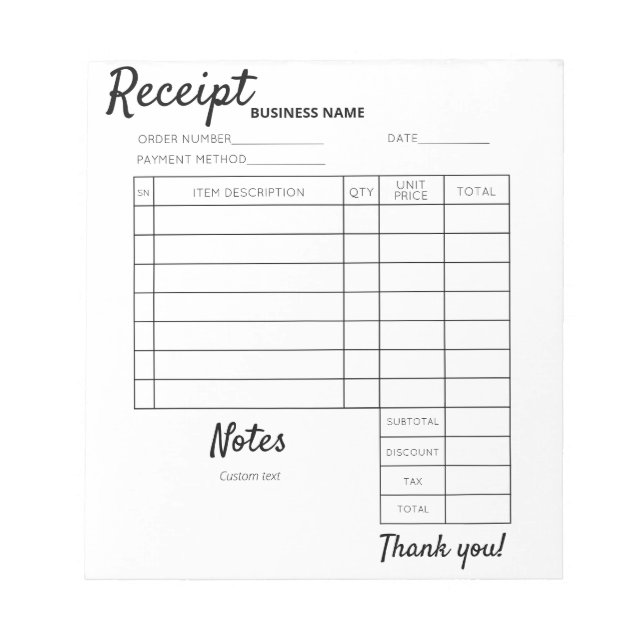 Professional Custom receipts for business Notepad (Front)
