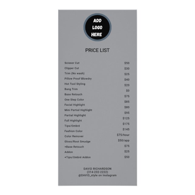Professional Customized Logo  Price List  Rack Card (Front)