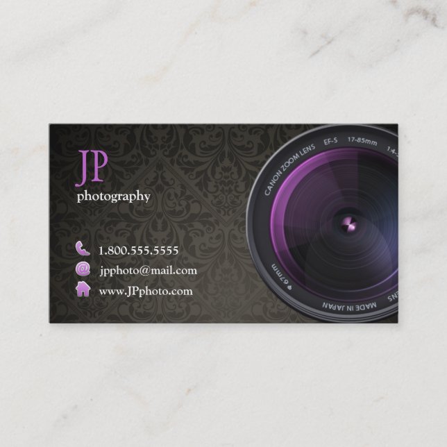 Professional Damask Photographer Camera Lens Business Card (Front)