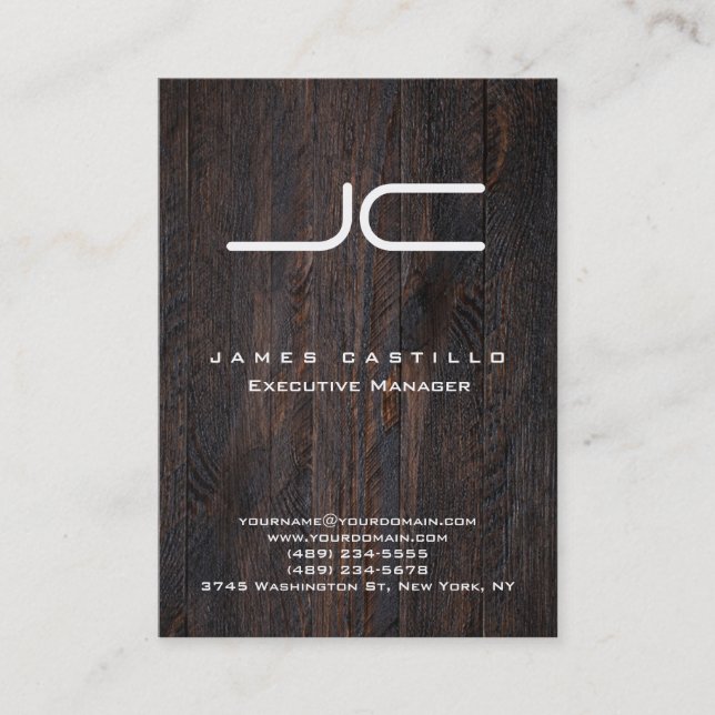 Professional Dark Brown Wood White Monogram Business Card (Front)