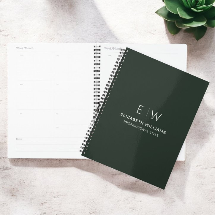 Professional Dark Green Monogram Business Initial Planner