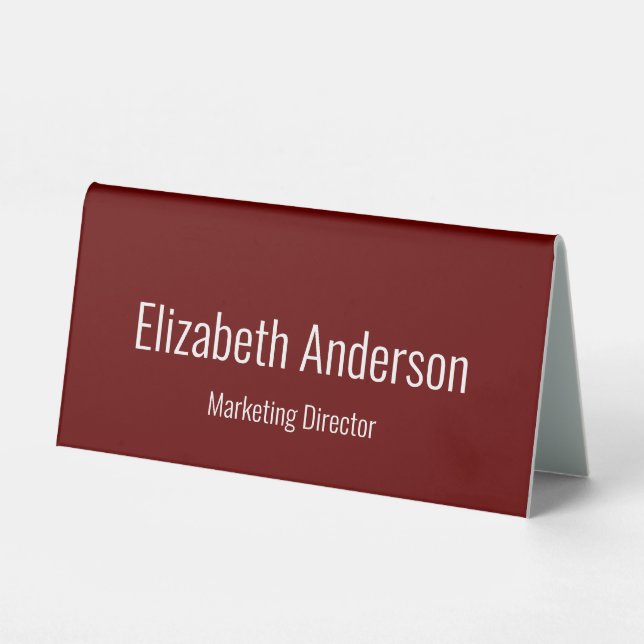 Professional Dark Red and White Name Job Title Table Tent (Front)