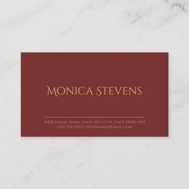 Professional Dark Red Plain and Simple Gold Text Business Card (Front)