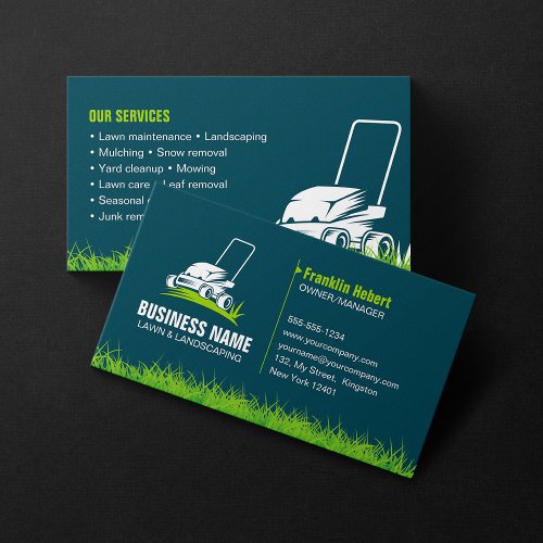 Professional Dark Teal Green Lawn Care Landscaping Business Card