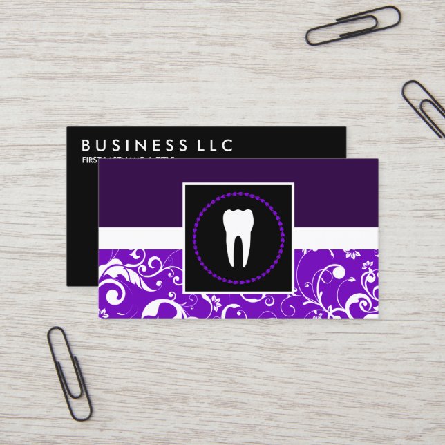 professional dentistry purple damask tooth business card (Front/Back In Situ)
