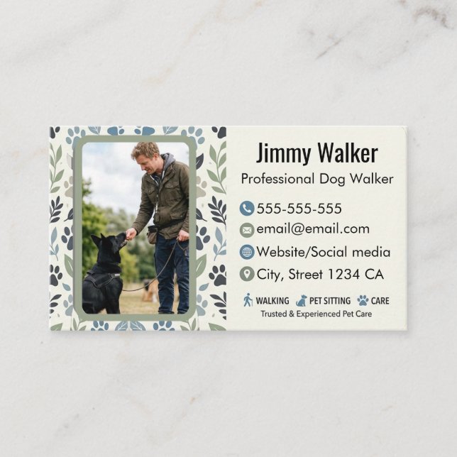 Professional Dog Walker Custom Photo Business Card (Front)