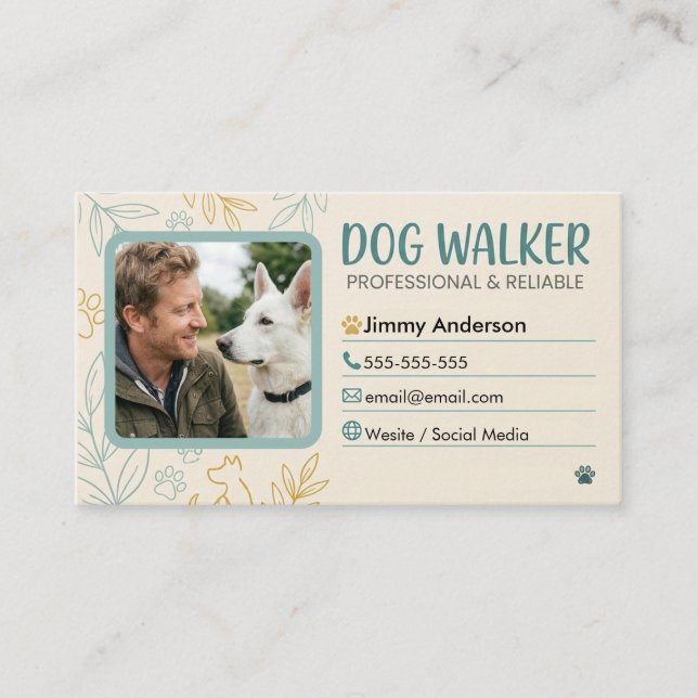 Professional Dog Walker Custom Photo Business Card (Front)