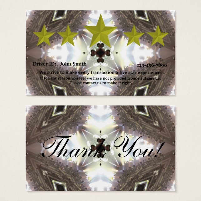 Professional Driver five star rating feedback card (Front & Back)