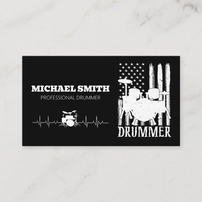 professional Drums Drummer American Flag Business Card (Front)